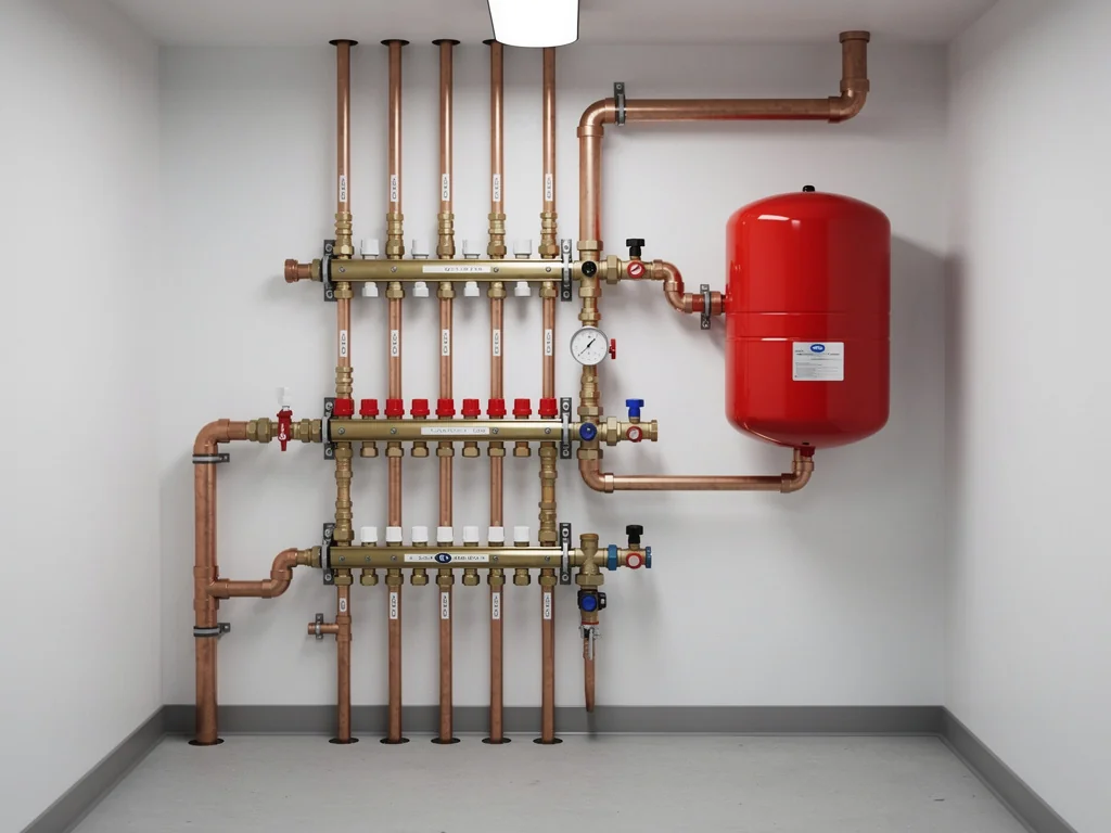 Nourrice de plancher chauffant et vase d'expansion dans une chaufferie de pavillon